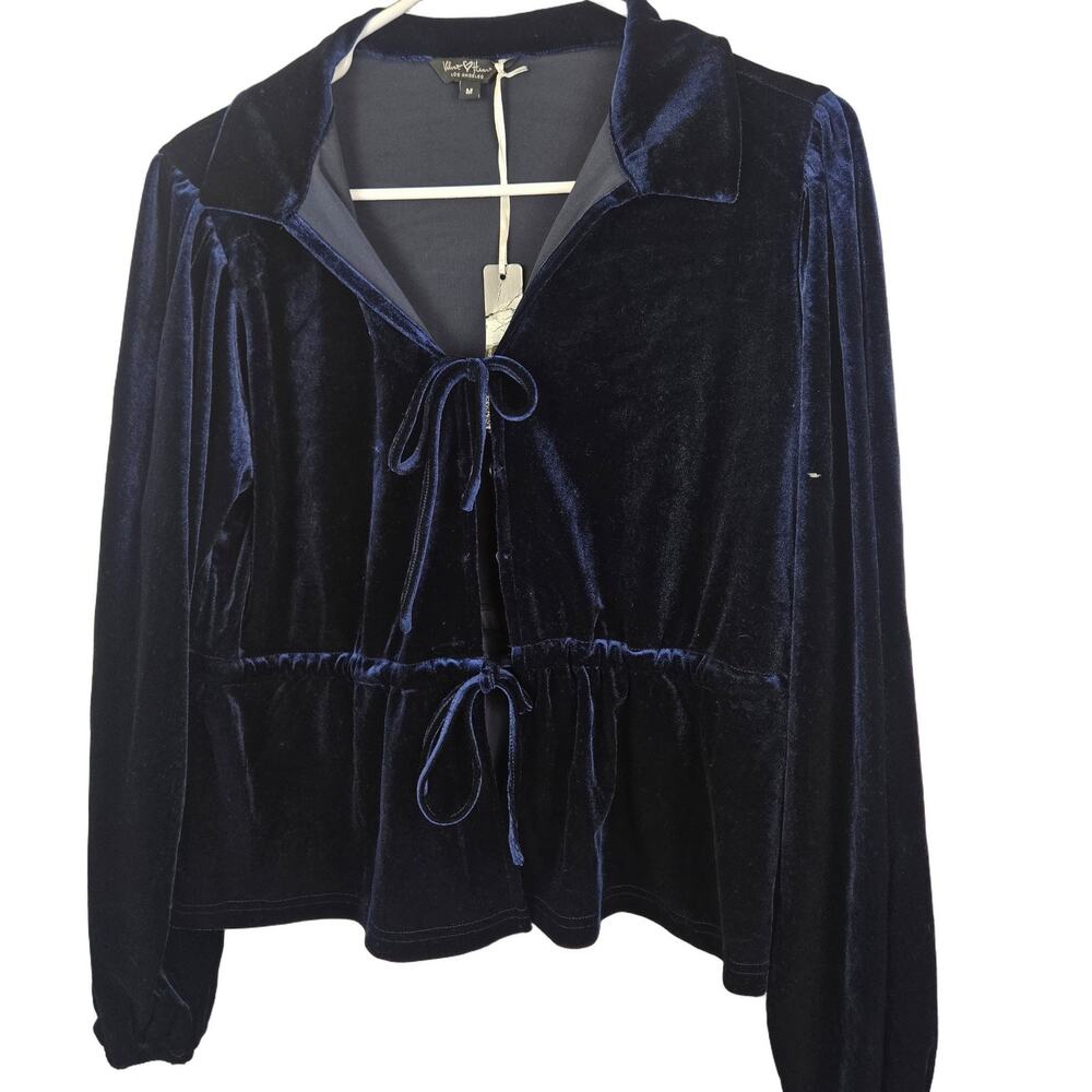 Velvet Heart Women's Blue Velvet Blouse Size M Long Sleeve Tie Front SEXY LUXURY